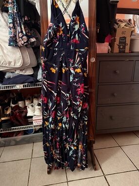 Cals Navy Floral Maxi Dress with V-Neck